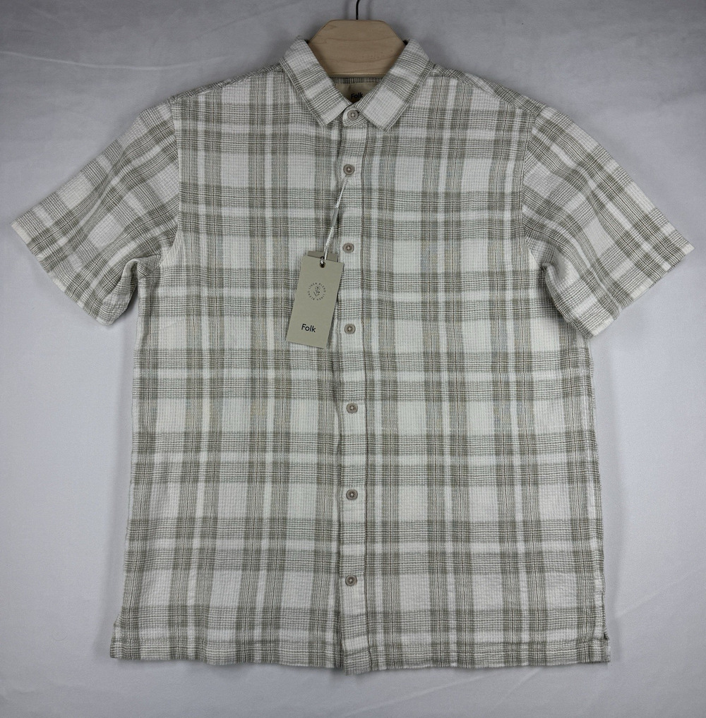 Folk Mens Large NWT Cotton Linen Plaid Short Sleeve Button Up Shirt Beige